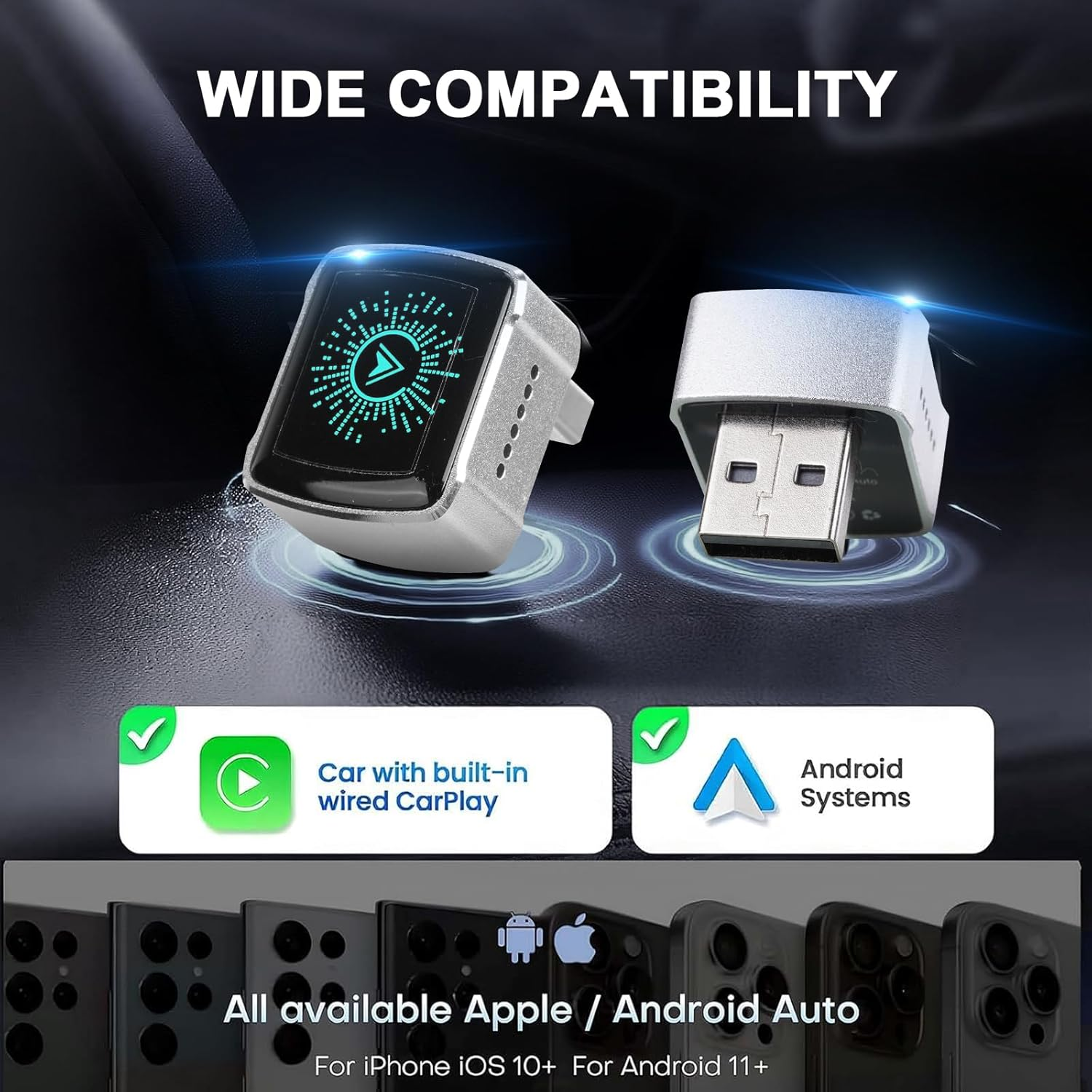 Wireless Carplay Adapter 2025 Upgrade Wired to Wireless,Mini USB Design for Cars with Colorful Ambient Lights &Built-In Wired Apple Carplay,Plug&Play Dongle for Iphone Ios 10+/ Android 11+/ Cars 2016+ image number 1