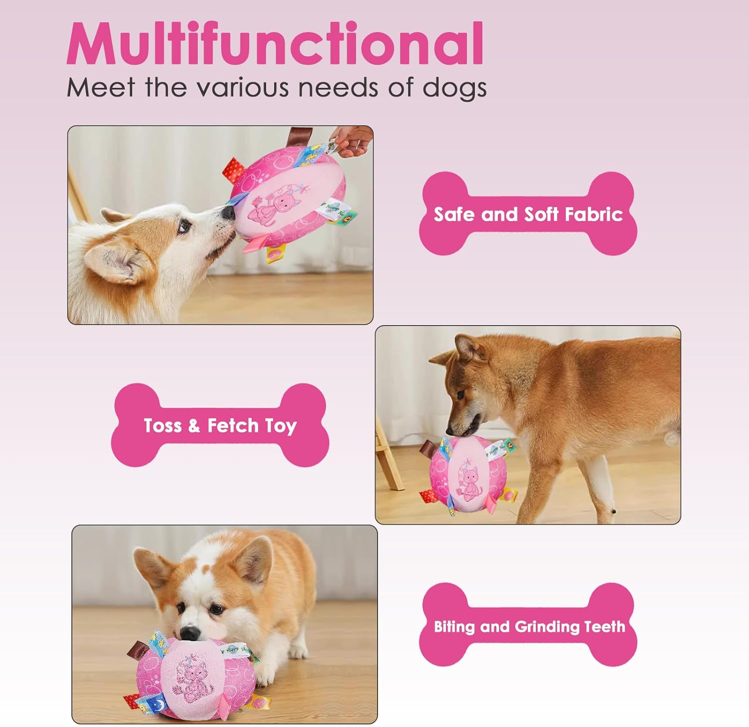 Dog Squeaky Plush Toy with Straps, 6-Inch Soft Stuffed Ball with Cotton Material and Bell Built-In, Pet Interactive Fetch Toy for Small to Large Dog image number 1