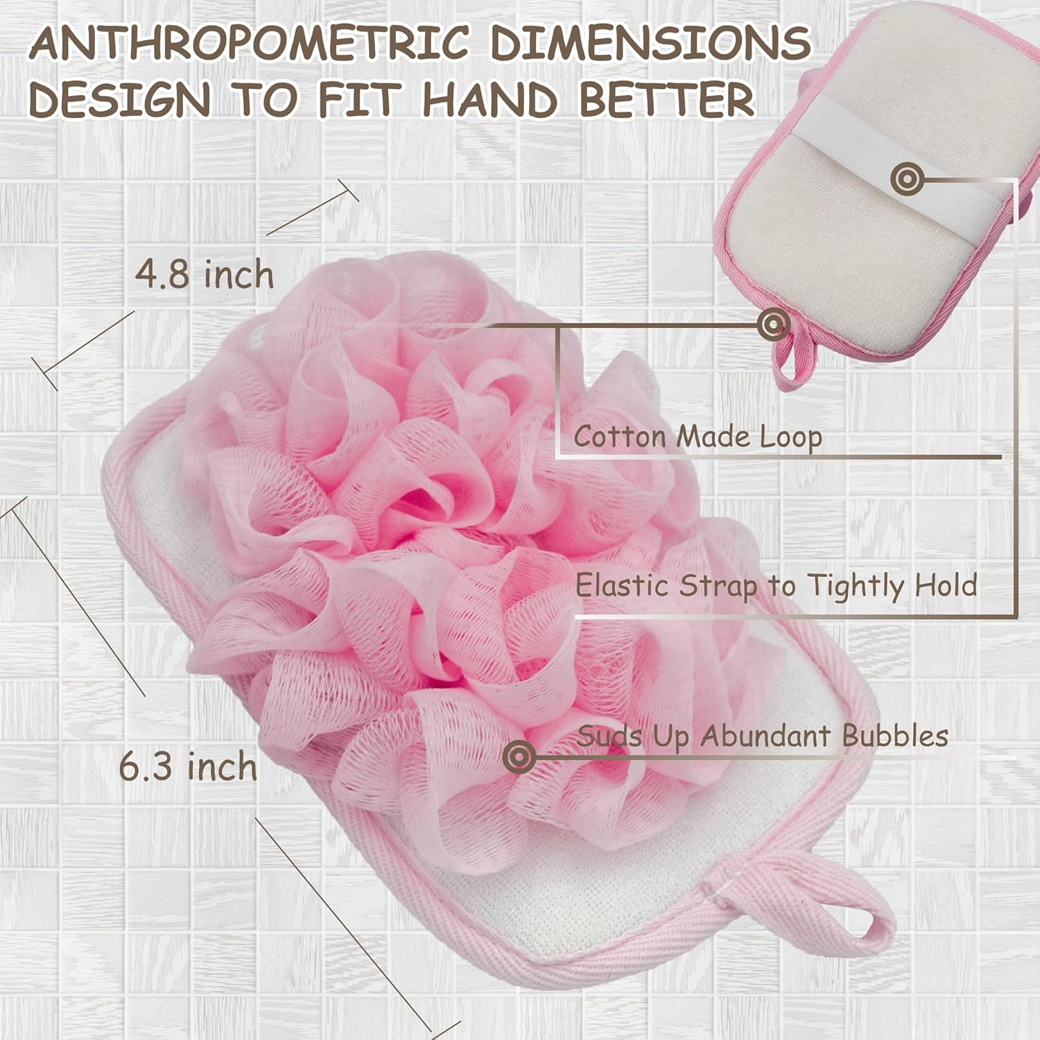 Bleu Bath (2 Pack) Exfoliating Bath Sponge Body Loofah Mitt Pad Shower Pouf Elastic Hand Strap Mesh Sponge Shower Scrubber image number 4