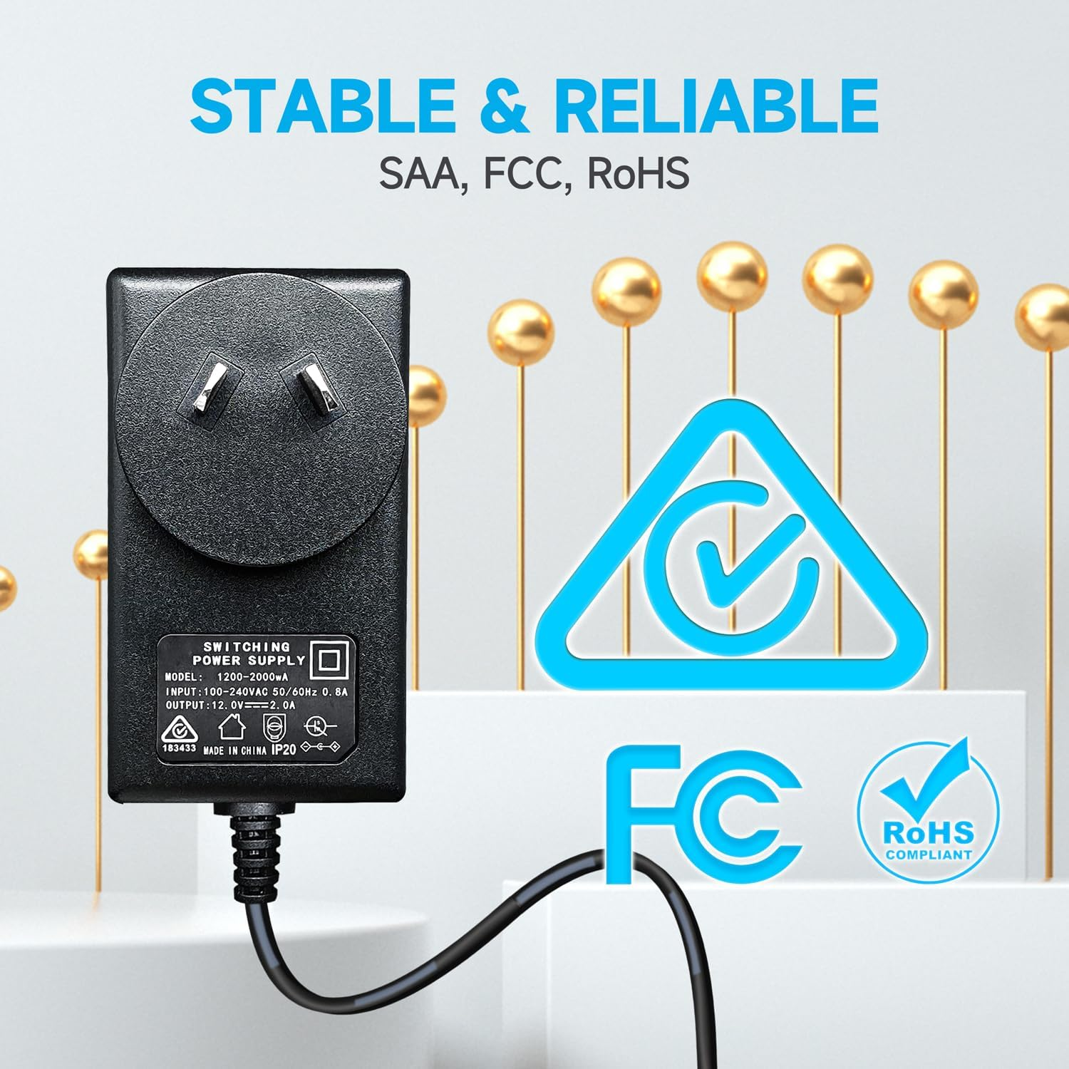 2Pack AC 100-240V to DC 12V 2A/2000Ma Power Supply Adapter, 24W Adapter for LED Strip Lights, Keyboard, BT Speaker, Router, Monitor, Webcam, DVR, NVR, CCTV Camera, SAA FCC Certified