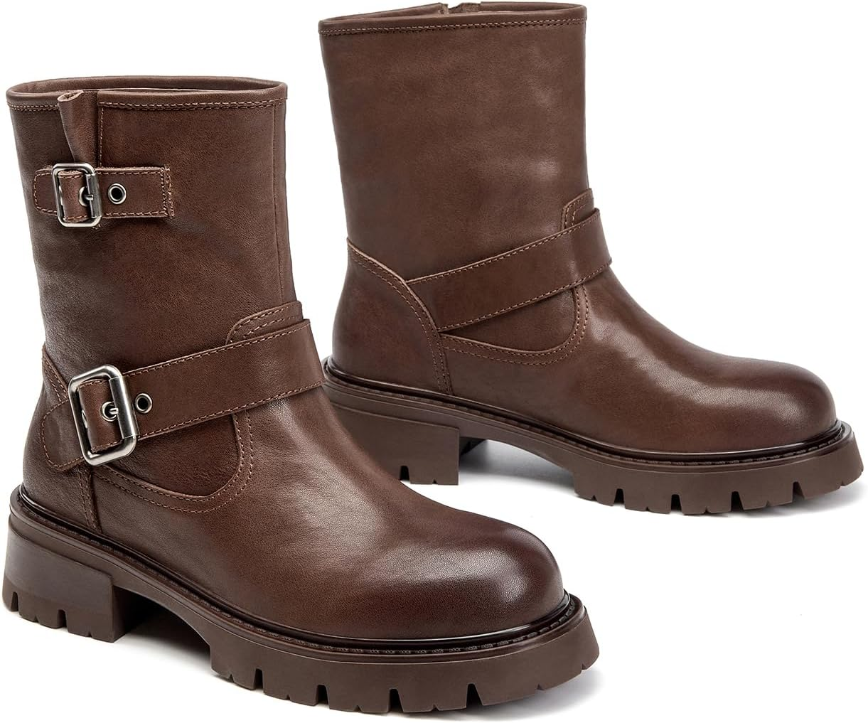 BEAU TODAY Ankle Boots for Women, Genuine Leather Platform Womens Short Boots, Chunky Low Heel Motorcycle Boots with Buckles, Fashion Dress Slip on Bike Booties