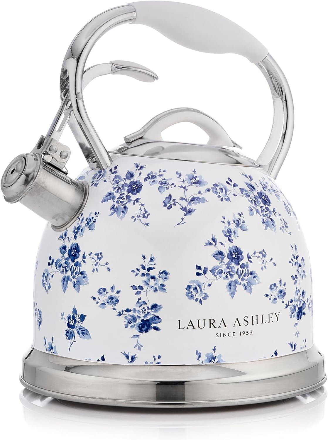 VQ Laura Ashley Elveden Navy 2.5L Stovetop Kettle. Stainless Steel Whistling Stove Top Kettle. Tea Kettle for Gas, Induction Hob & Others. Silicon Coated Cool Handle, Push Button Mechanism Teapot