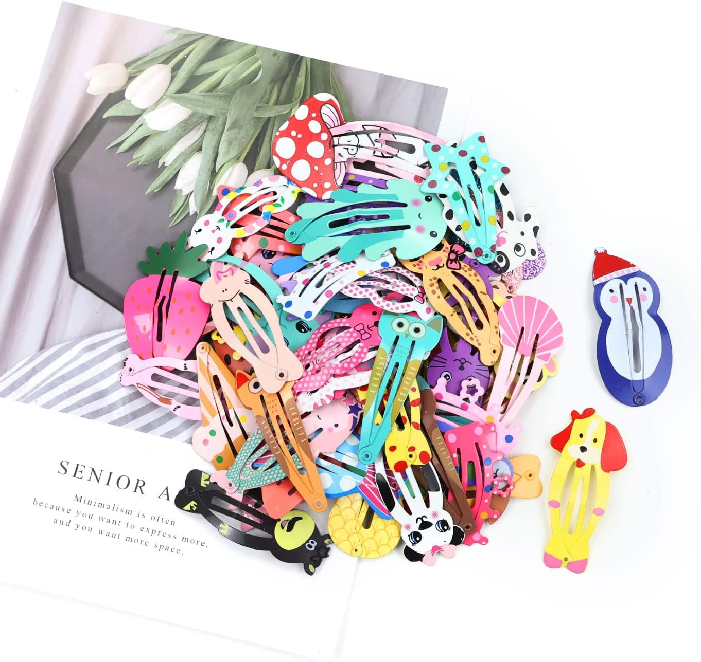 Cinaci 64 Pack Cute Cartoon Animal Fruit Pattern Anti-Slip Metal Snap Hair Clips Barrettes Hairpins Hair Accessories for Toddlers Kids Teens Little Girls Pets Dogs image number 4