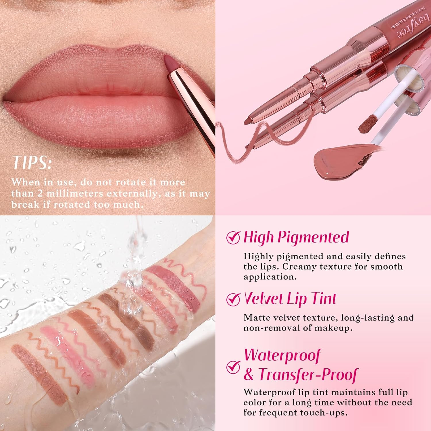 Bayfree 2-IN-1 Lip Liner and Lip Stain, High Pigmented Long Lasting Velvet Lip Tint, Well-Defined Lipliner, Weightless Waterproof Not Animal Tested, Matte Finish Makeup