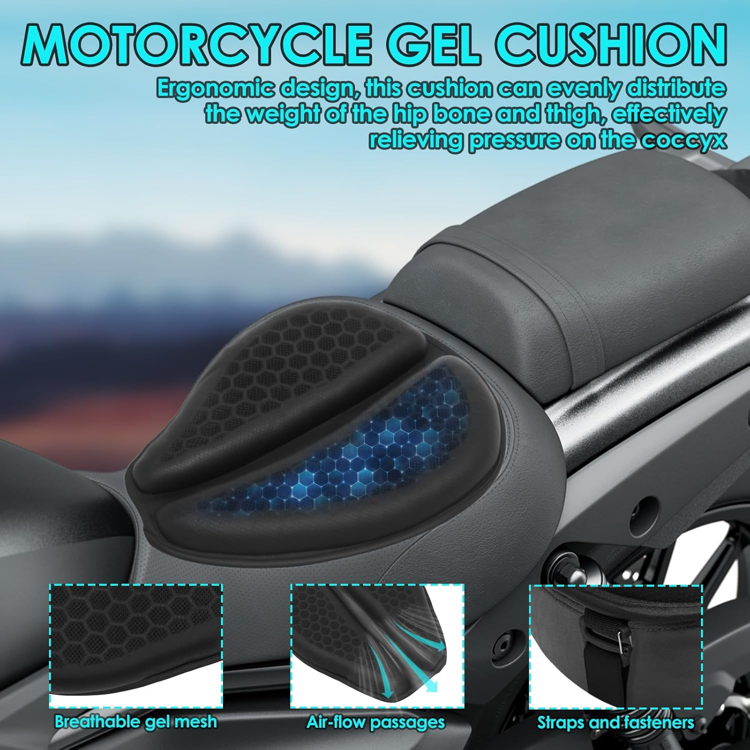 Motorcycle Gel Seat, Cushion Shock, Absorbing Breathable Motorcycle Gel Seat, 3D Honeycomb Structure, Pad Petal Shape Design, Stay Cool and Comfortable for Long Ride image number 1
