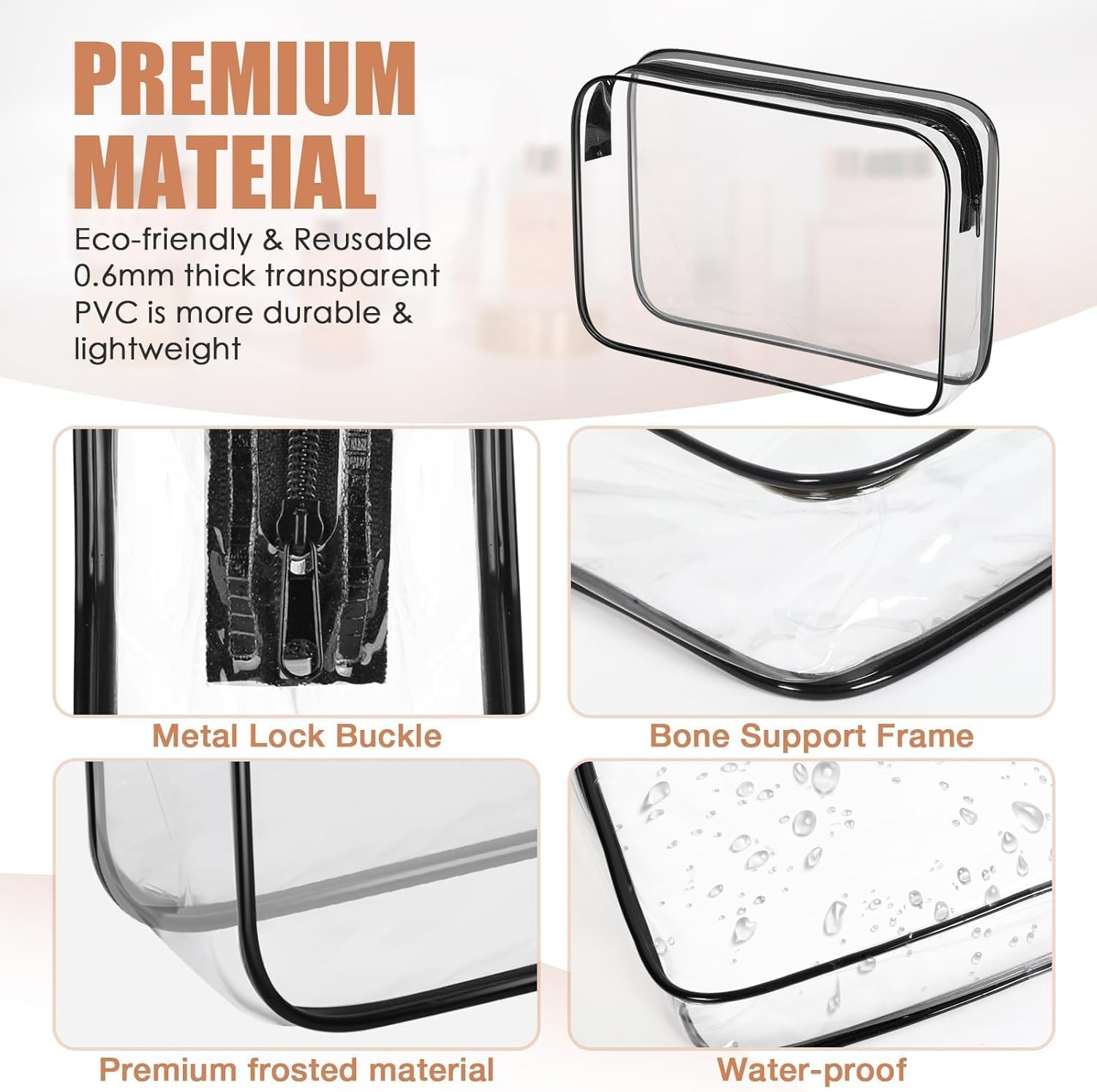 Waterproof Quart Size Travel Makeup Cosmetic Bag, 3Pcs PVC Zippered Toiletry Carry Pouch, Clear Travel Makeup Toiletry Bag, Quart-Sized Clear Cosmetic Makeup Pouch