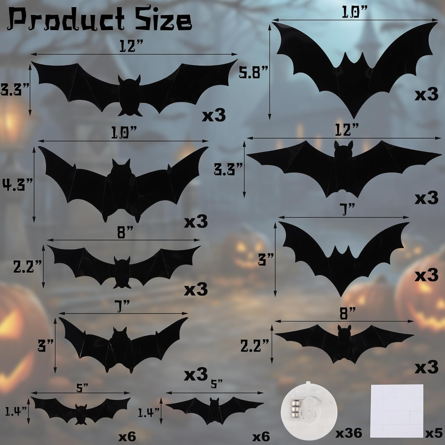 2025 New 3D Bats Halloween Wall Decor 36Pcs, 3D Bat Lights Design LED Decorations, Lighted Bat Stickers Assorted Size for Halloween Party, Bedroom Window Decorations, Indoor and Outdoor Home Decals image number 1