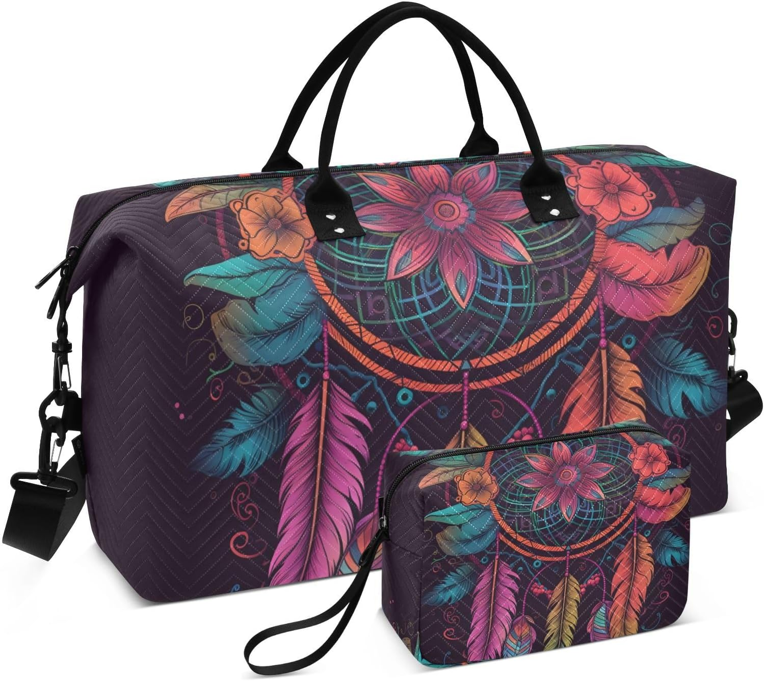 XYMZR Large Travel Duffel Bag, Dreamcatcher Colorful Feather Sports Tote Gym Bag, Shoulder Weekender Overnight Bag for Women Men, Carry on Luggage with Toiletry Bags, Multi-Colored, Multi-Colored image number 6