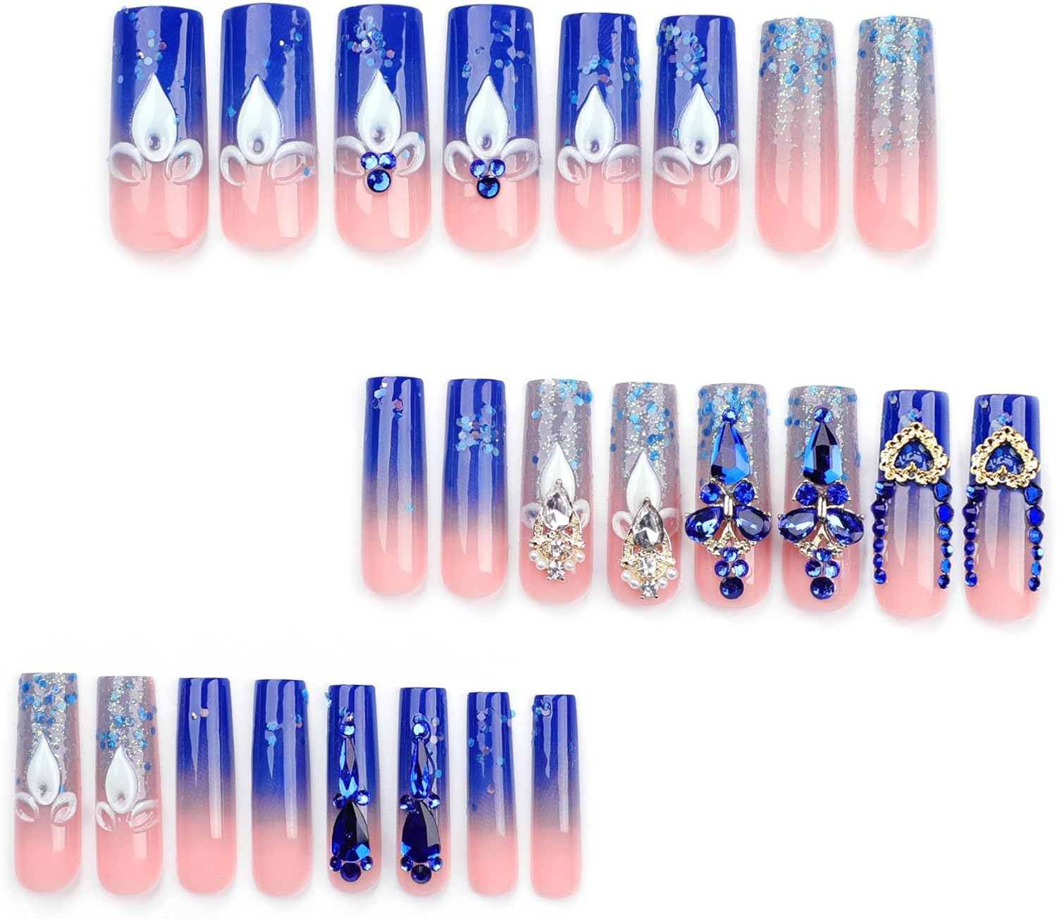 QQPPOLIU Royal Blue Press on Nails Long Square Acrylic False Nails with Rhinestones Designs 24Pcs image number 1