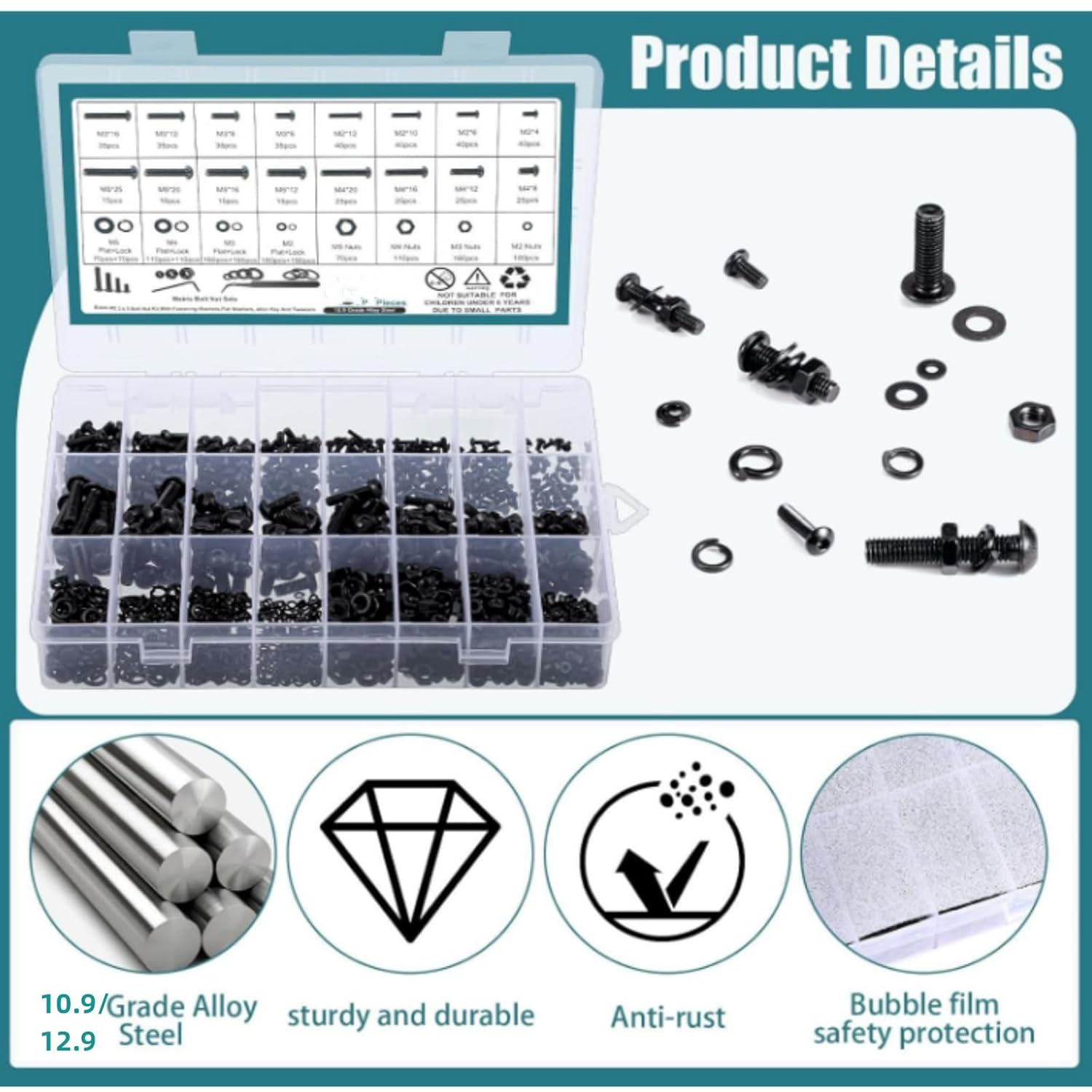 2240PCS Metric Screw Assortment, M3 Machine Screws with Lock & Flat Washers, Grade 10.9 &12.9 Alloy Steel Hex Socket Button Head Black Screws Nuts and Bolts Kit (2240Pcs M3) image number 4
