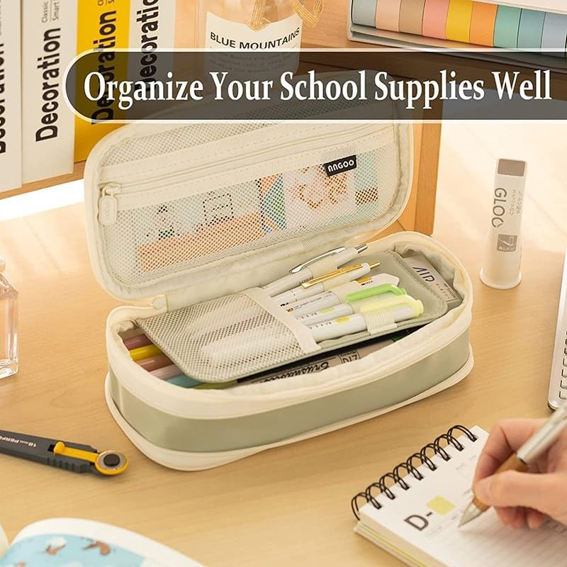 Zipper Pencil Case Pen Bag Organizer School Office Cosmetic Stationery Storage- Spacious 22X11X6.5Cm Multi-Compartment Stationery Organizer - Beige  Purple image number 5