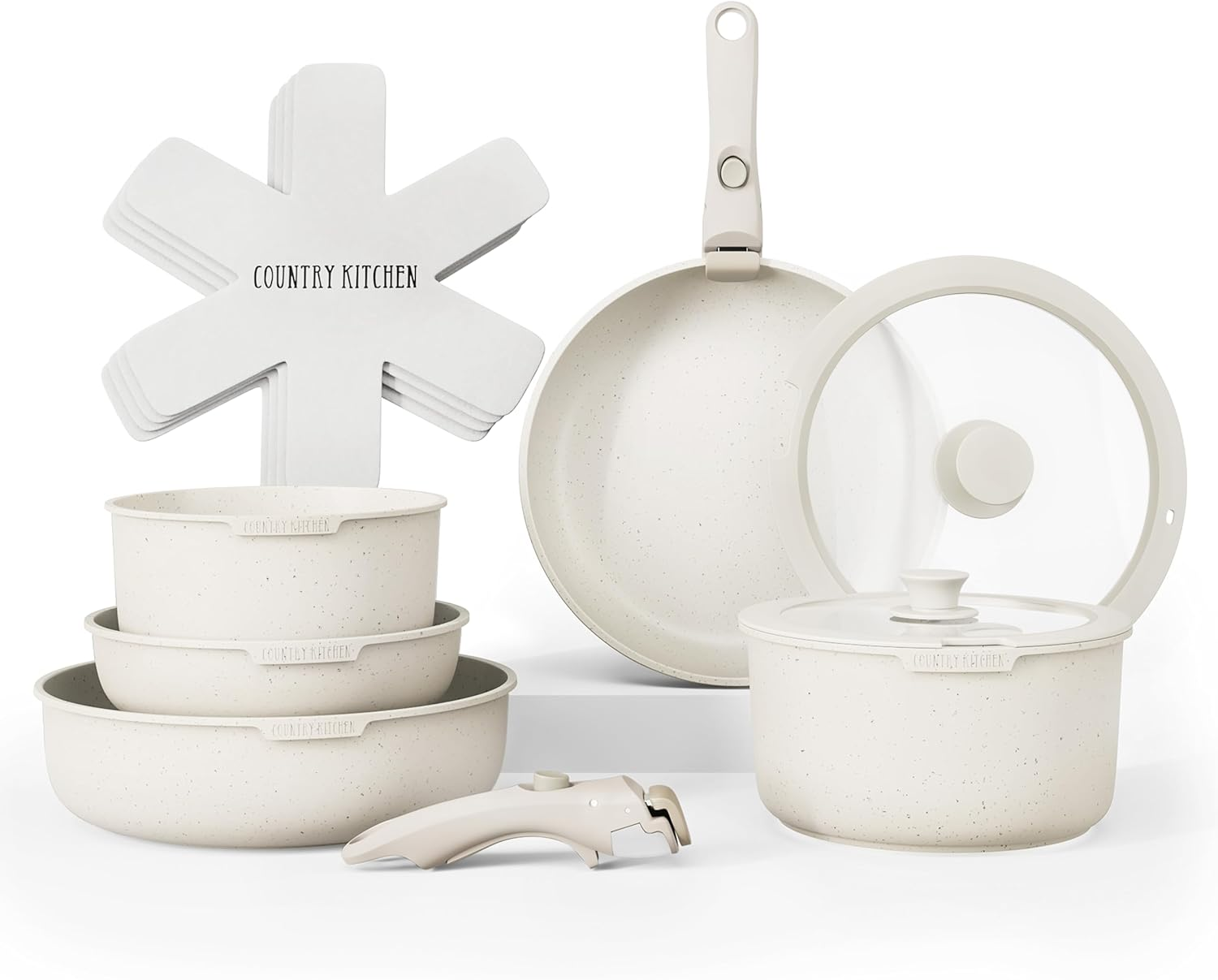 Country Kitchen 13 Piece Pots and Pans Set - Safe Nonstick Cookware Set Detachable Handle, Kitchen Cookware with Removable Handle, RV Cookware, Oven Safe (Black)