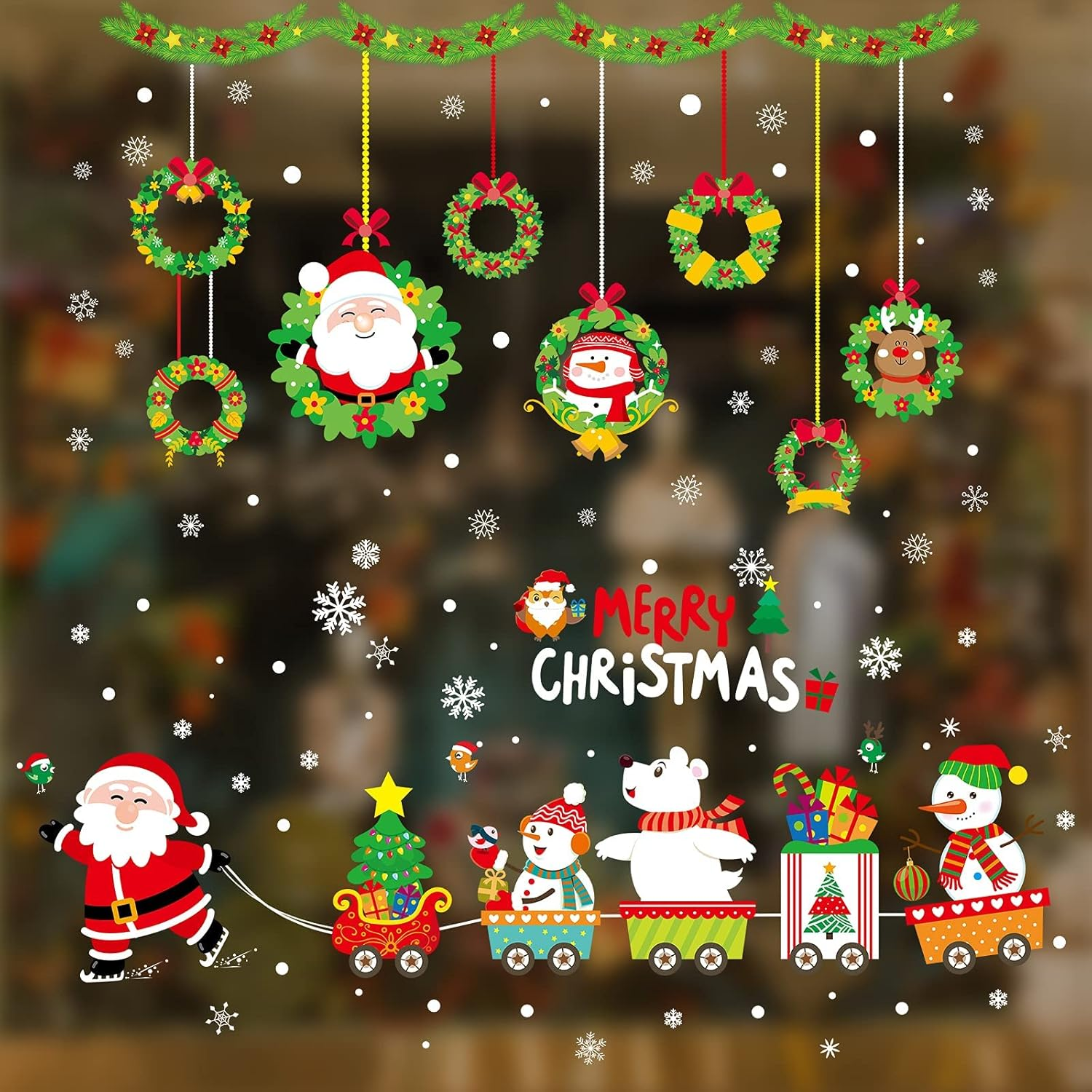 Hianjoo Christmas Window Stickers, 4 Sheets Xmas Glass Stickers with Snowflake, Snowman, Santa Claus, Garland for Christmas Indoor Wall Decorations Removable Window Display Showcase Door image number 4