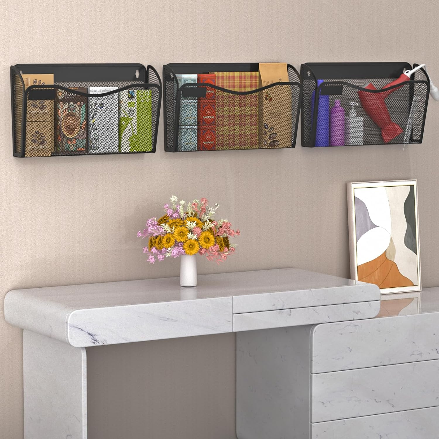 BOHDK Wall File Organizer, Mesh Hanging File Organizer, Home Office Organization and Storage, 3 Single Pockets Document Magazine Rack image number 1