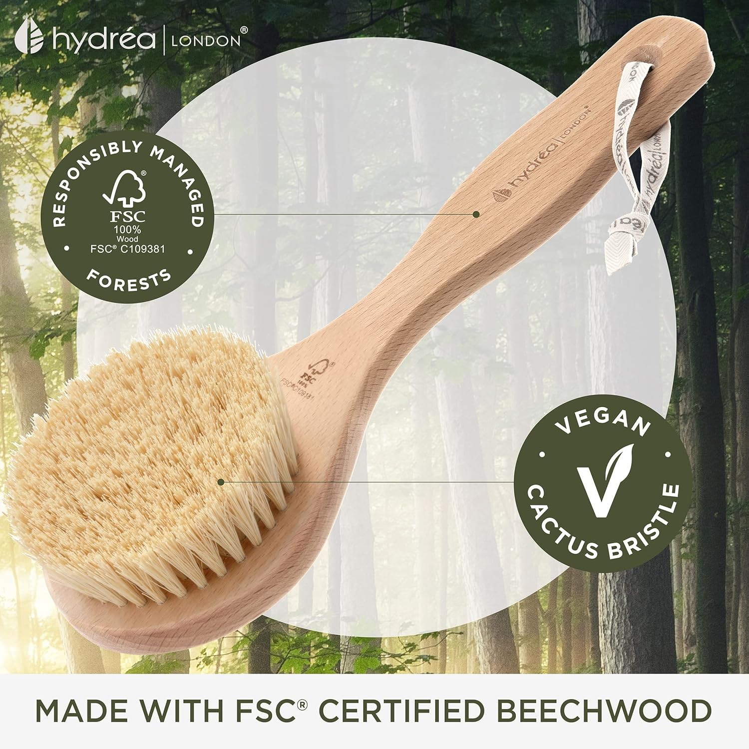 Hydrea London Dry Body Brush &ndash; Premium Exfoliating Dry Skin Brush Cactus Bristle, Vegan Dry Brush Cellulite Remover, Exfoliating Body Scrubber for Lymphatic Drainage, FSC&reg; Certified Beechwood