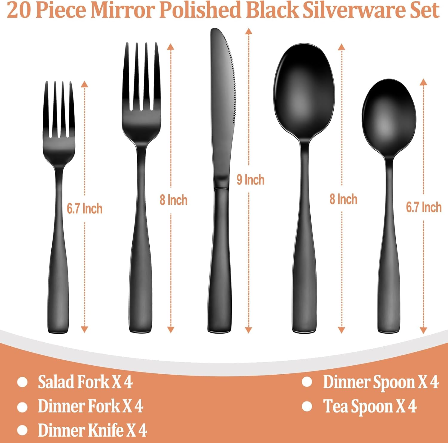 20 Pcs Black Silverware Set, Food-Grade Stainless Steel Flatware Set for 4, Square Cutlery Set, Mirror Polished Tableware Eating Utensils Set for Kitchen, Include Knife Fork Spoon Set,Dishwasher Safe image number 3