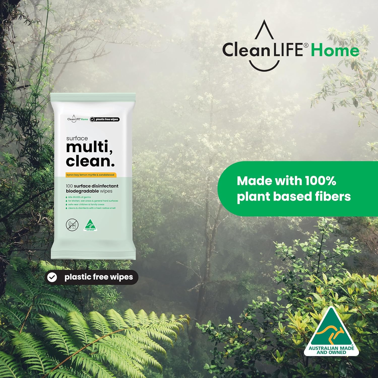 Cleanlife Surface Multi Clean Wipes &ndash; Lemon Myrtle & Sandalwood Scent, Biodegradable, Antibacterial, Plastic-Free, 100 Wipes, 3-Packs image number 6