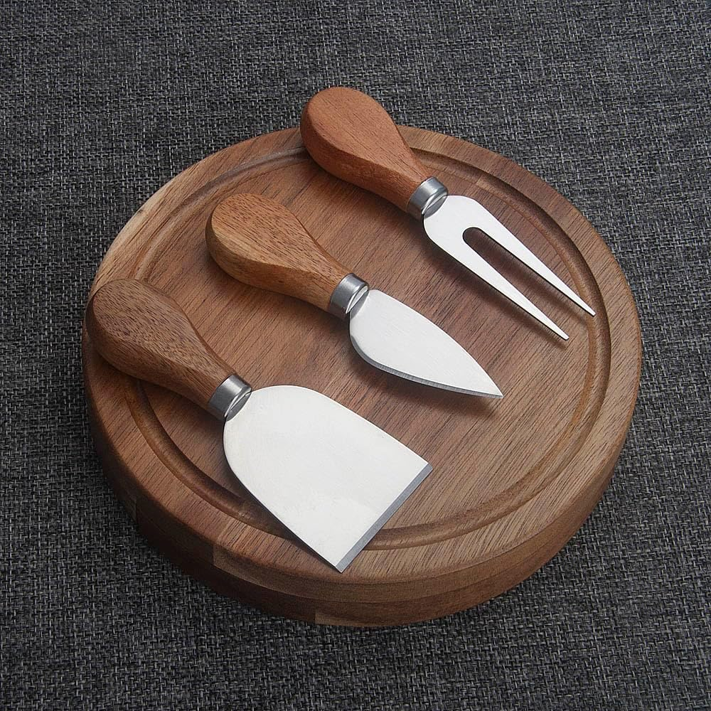Round Slide-Out Acacia Wood Cheese Serving Board and 3 Piece Cheese Tool Set, 7.5 Inch Diameter, Ideal for Wedding Birthdays Christmas Anniversary Housewarming Kitchen Personalized Gift image number 2
