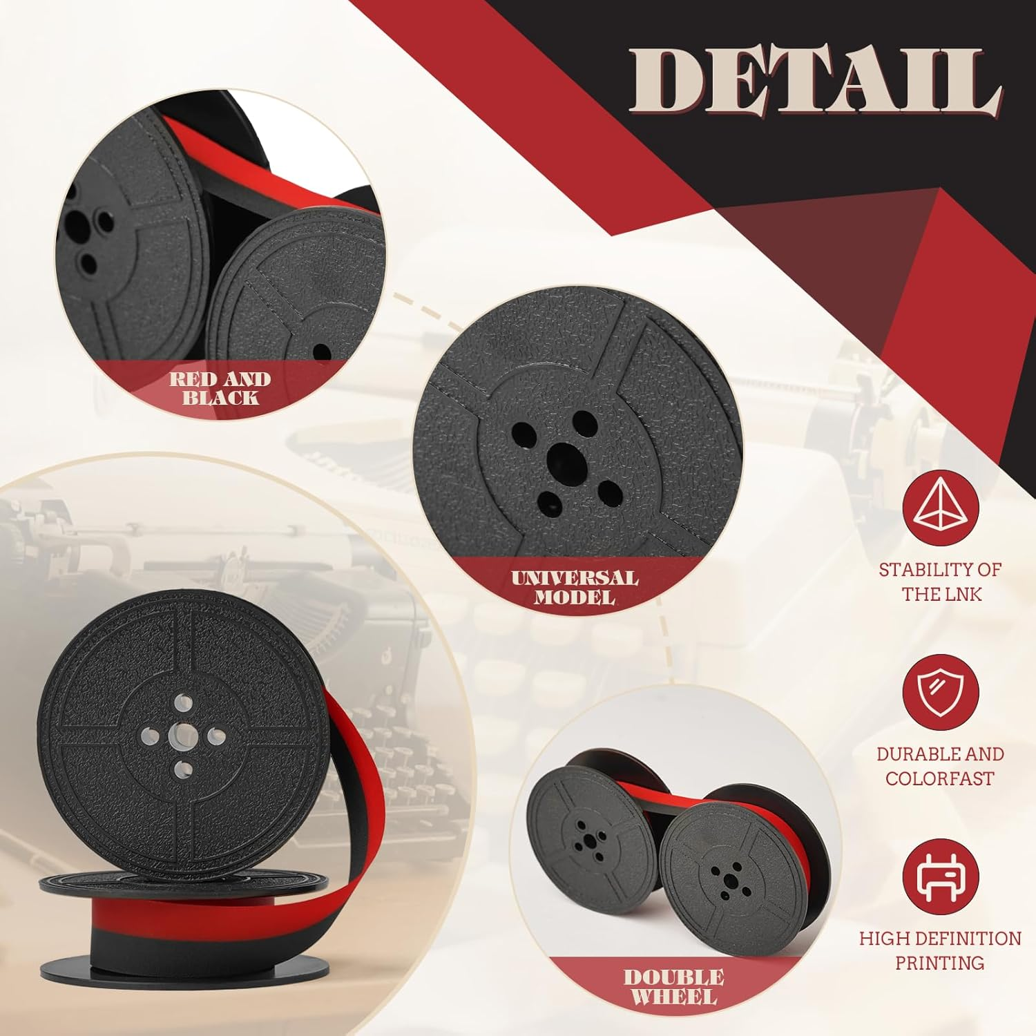 4 Pairs Universal Typewriter Ribbon, Calculator Ribbon Replacement Pack, 1/2 Cloth Twin Spool Vintage Typewriter Ink Ribbon Replacement for Most Typewriter Machines (Black Red) image number 3