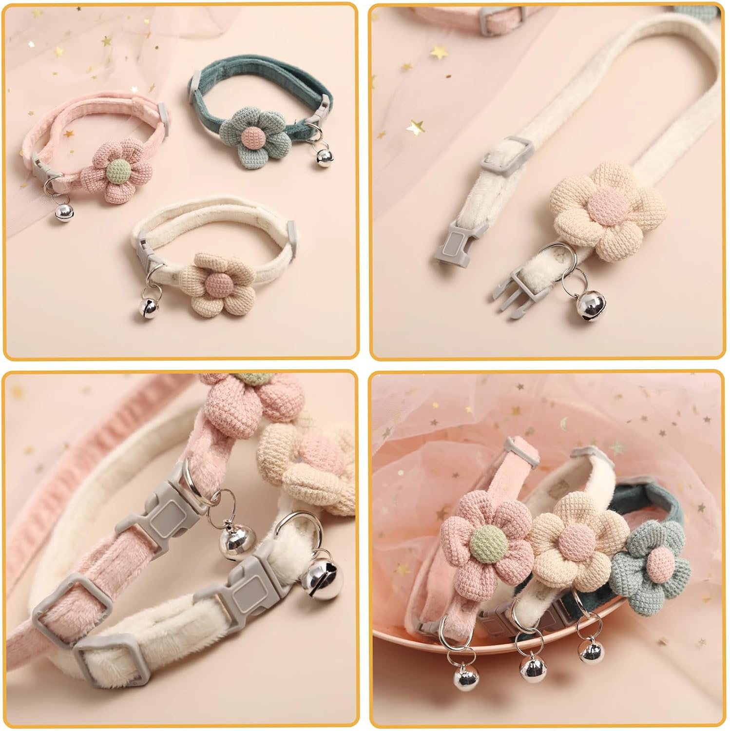 Ruzister 3 Pack Cat Collars with Flowers - Cat Collars with Bell, Adjustable Flower Bow Tie Collars for Boys and Girls, Cute Collar Accessories image number 5