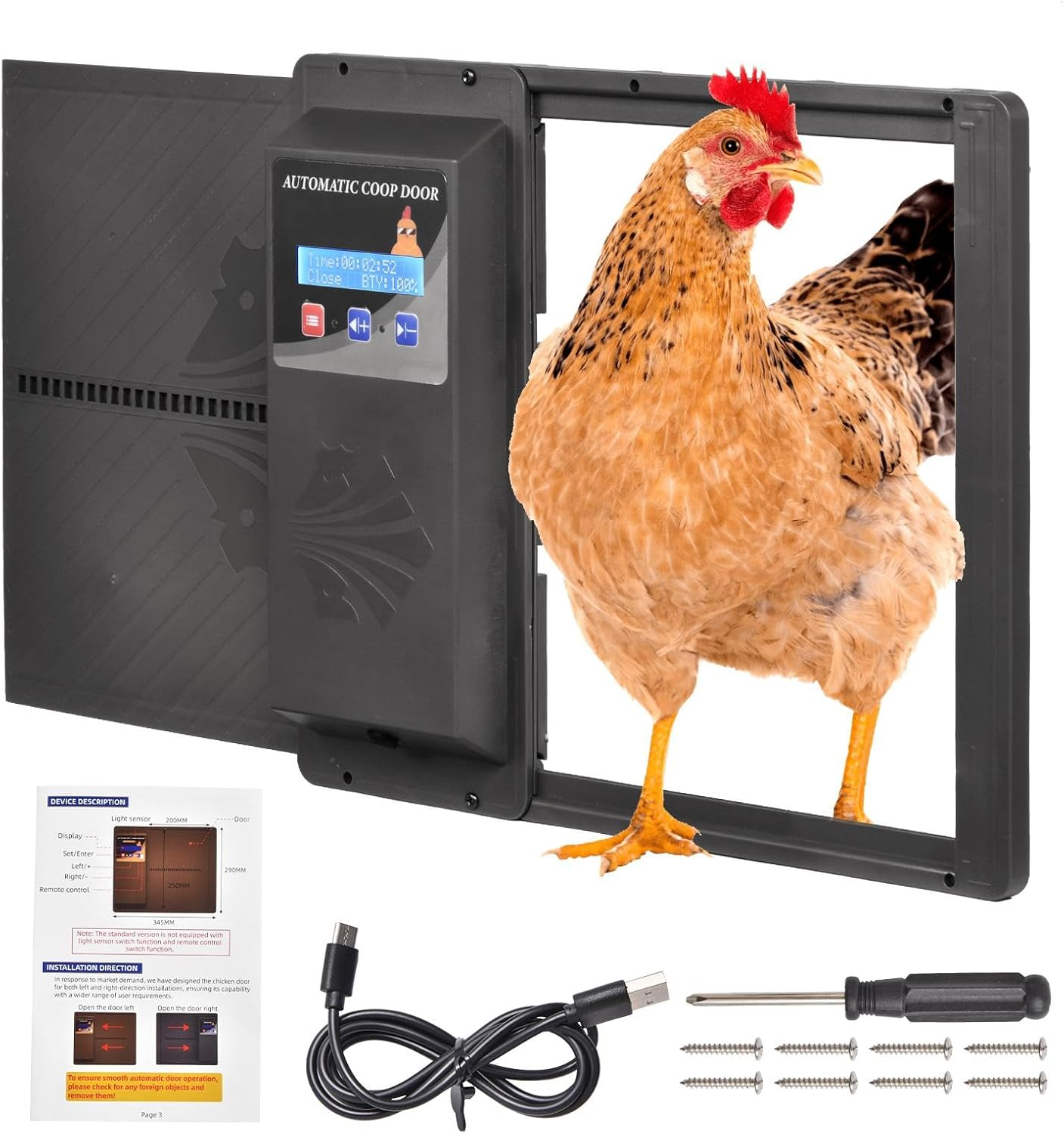Automatic Chicken Coop Door with Programmable Timer, USB Charging, Anti-Pinch Waterproof & Anti-Trap Protection, LCD Display Door Opener, Chicken Doorsfor Fully Automatic Night Day Operation (Black) image number 6