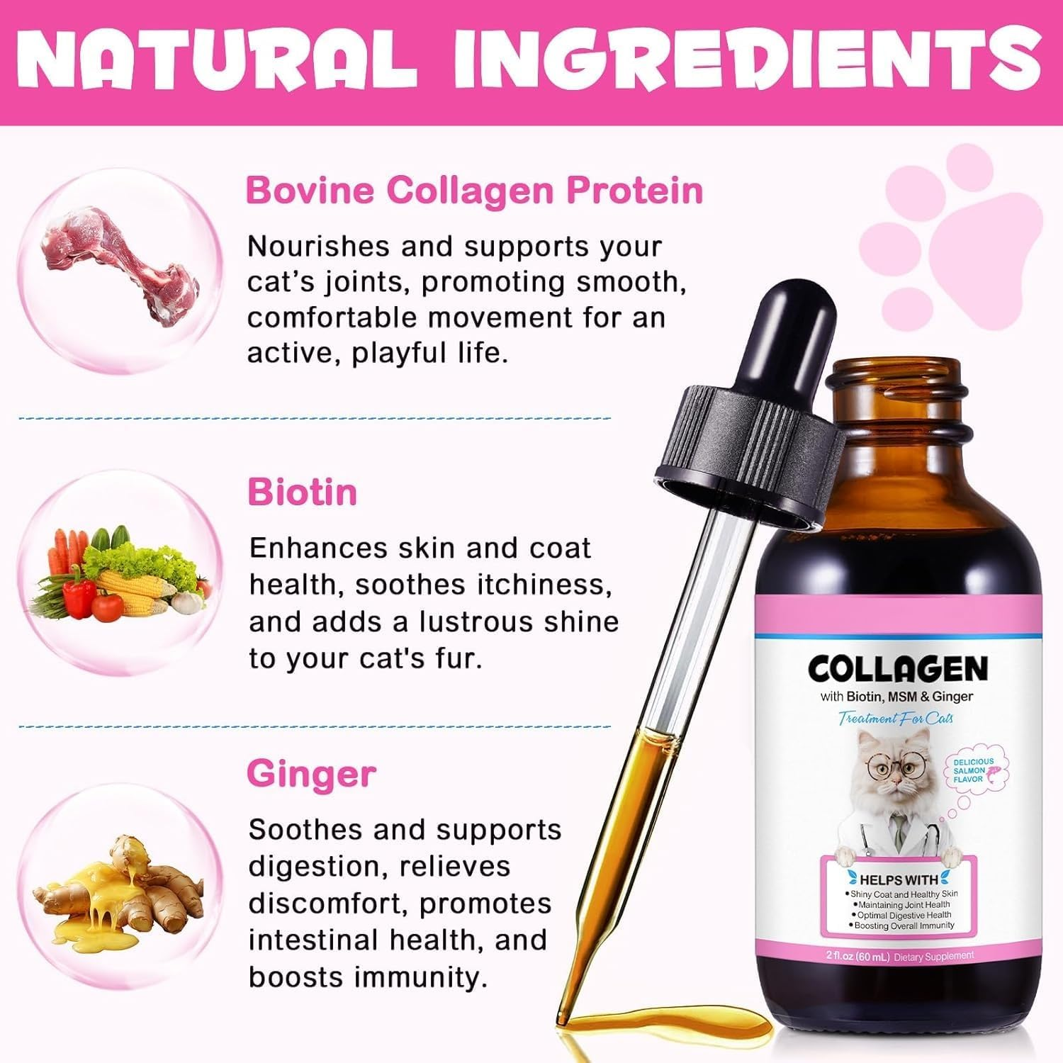 Liquid Collagen & Biotin for Cats - Multivitamin Drops with MSM & Ginger - Supports Skin & Coat Health, Joint Care, Digestion & Immunity - Itch Relief + Hairball Control - 60Ml - Vet-Recommended