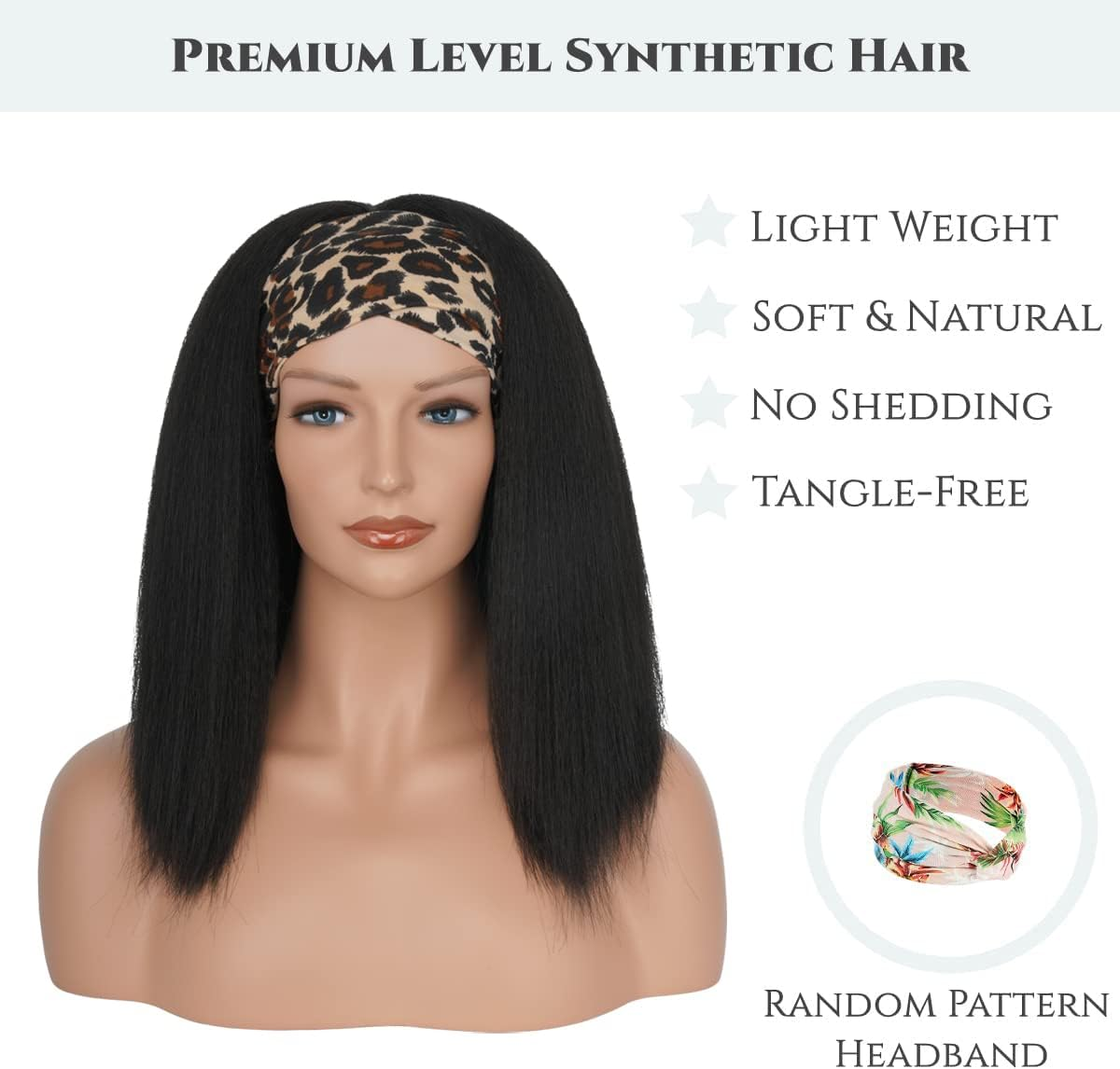 Aminow Kinky Straight Headband Wig, Soft & Natural as Human Hair, Glueless Headband Wigs for Black Women, Long Black Italian Yaki Synthetic Half Wig (1B Natural Black, 16 Inches)