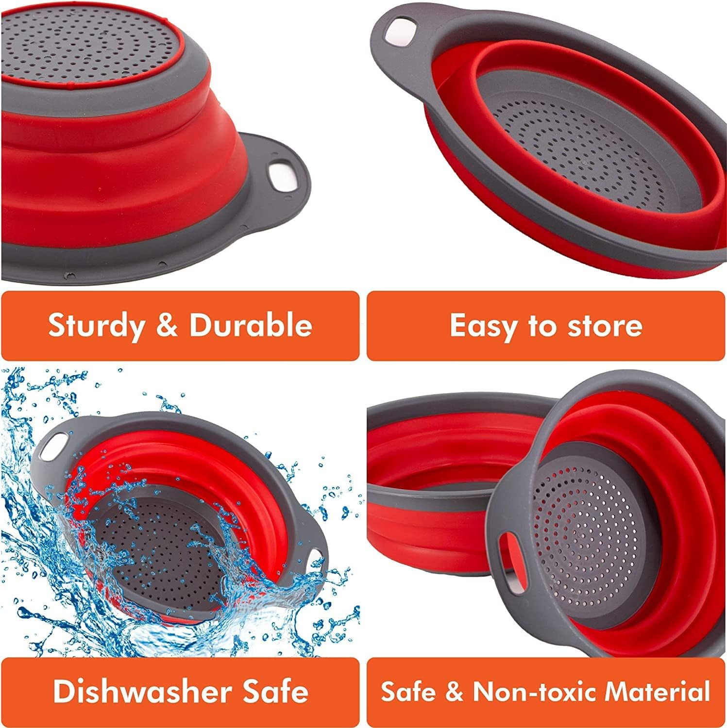 Basket Collapsible Colander Set of 2 round Silicone Kitchen Strainer Set - 1 Large 1 Small Perfect for Draining Pasta, Vegetable and Fruit image number 4