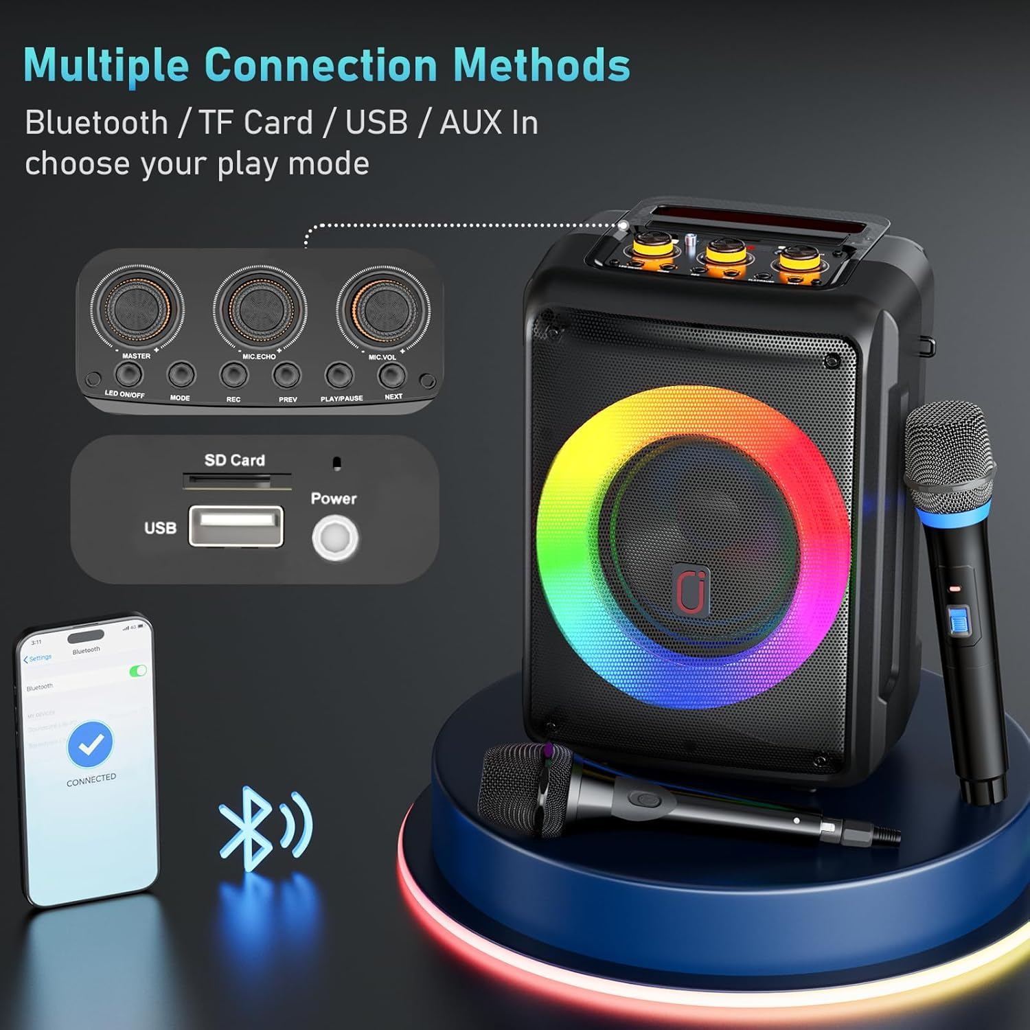 Karaoke Machine with 2 Microphones, Bluetooth Portable Speaker with DJ Party Lights, Support TWS, REC & PA, Ideal for Birthdays, Family Gatherings & Events (Black) image number 4