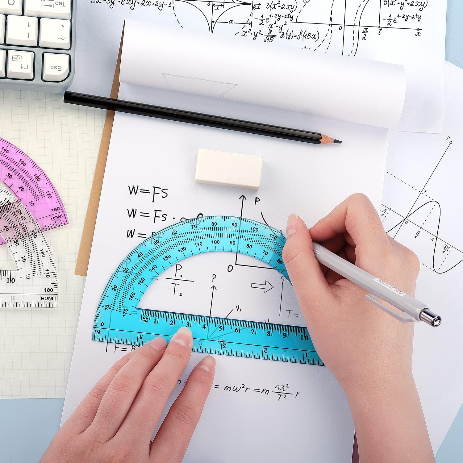 12 Pack Plastic Protractor 6 Inches Math Protractors 180 Degrees for School Office Supplies, Clear/Blue/Pink