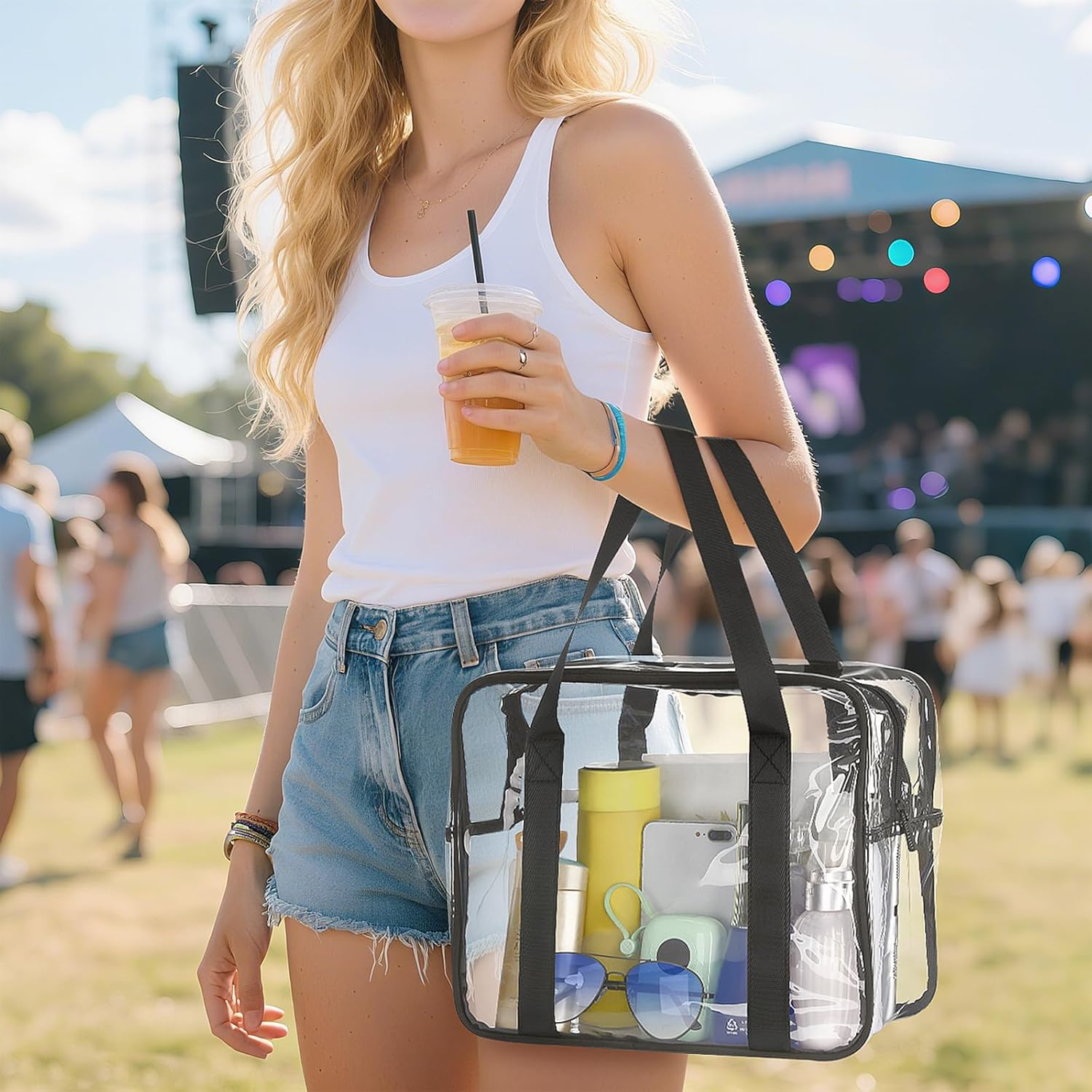 HAOGUAGUA Extra Large Clear Cosmetic Makeup Bag, Transparent PVC Tote Shoulder Bag Stadium Approved, Waterproof Toiletry Carry Pouch Makeup Artist Bag Diaper Bag, Black image number 3