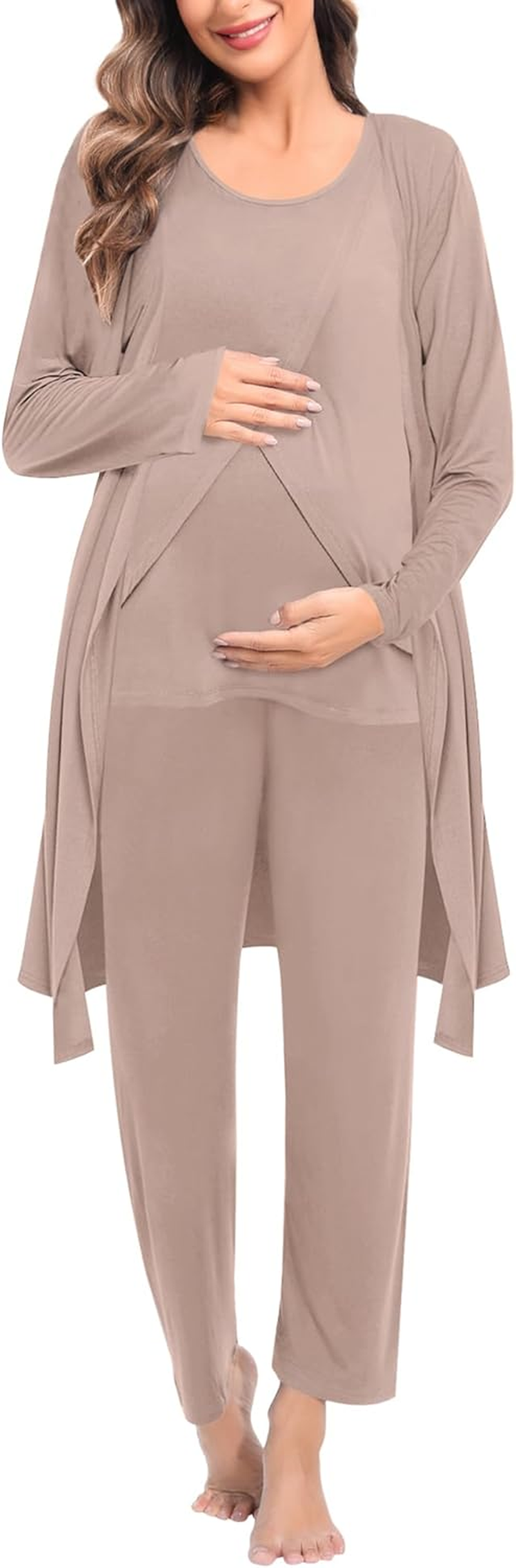 SWOMOG Maternity Nursing Robe Set 3 PCS Postpartum Breastfeeding Pajamas Hospital Pregnancy Pjs Double Layer Lounge Set