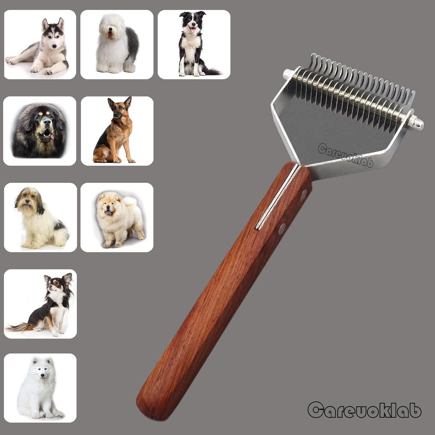 Careuoklab 20-Blade Coat King Rake, Undercoat Grooming Rake, Dematting Stripper, Shedding Tool for Medium to Large Dogs, Cats, Stainless Steel Combines with Solid Wooden Handle image number 1