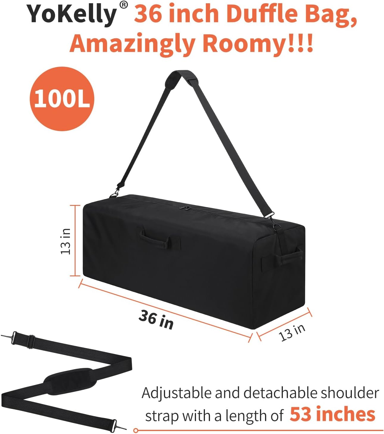 Yokelly 100L Large Duffle Bag - 36 Inch Heavy Duty Luggage Bag for Travel/Camping - Black, Black-Pro, 36&rdquo; X 13&rdquo; X 13&rdquo;, Large Duffel Bag