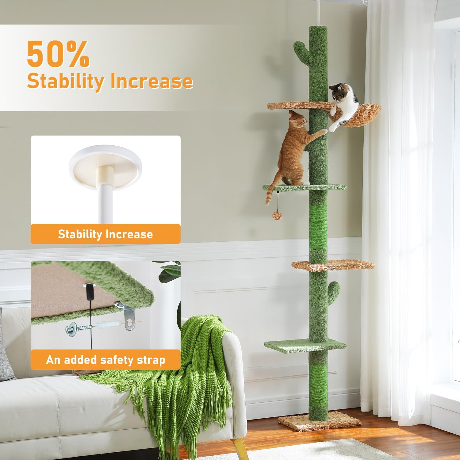 PAWZ Road Cactus Cat Tree Four Tier Floor-To-Ceiling Cat Climbing Tower with Cozy Hammock, Cat Activity Center 9 Feet image number 4