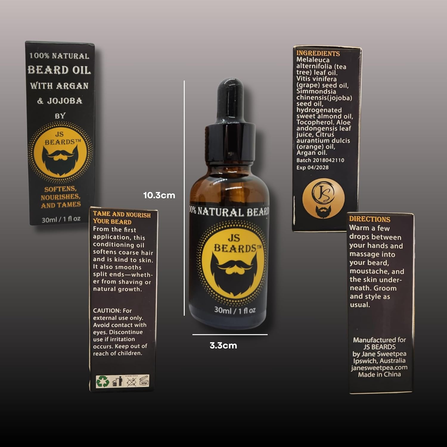 All Natural Beard Oil by JS Beards &ndash; with Argan & Jojoba for Softness, Shine & Beard Growth Support &ndash; Light Sweet Orange Essential Oil Scented &ndash; No Parabens No Silicone No Synthetic Frangrance &ndash; Grooming Oil for Men(30 Ml Dropper Bottle) image number 1
