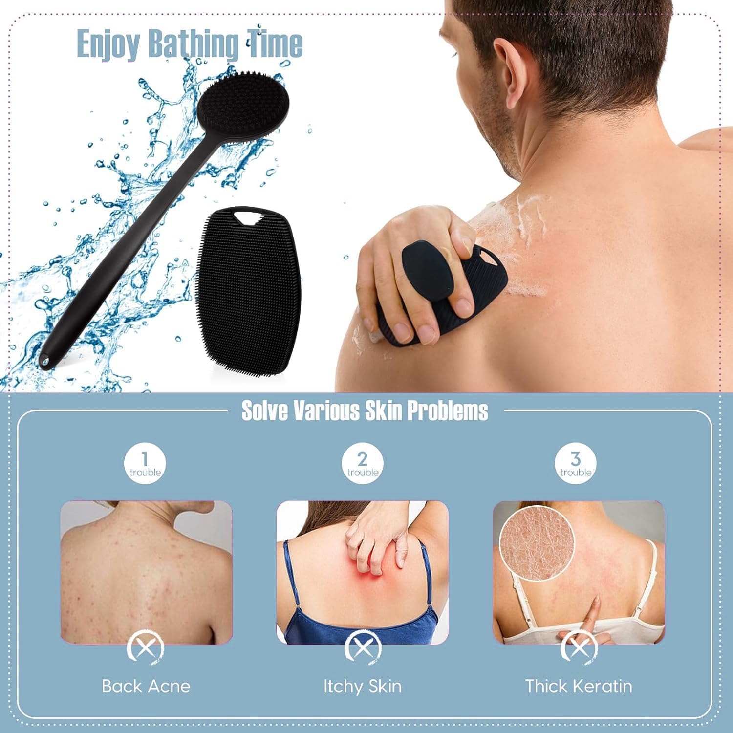 BEANPRECOY Silicone Body Scrubber for Shower 3 in 1 Bath Body Brush with Long Handle Double Sided Shower Brush for Shower Exfoliating and Massage Can Produce Rich Foam with Hook for Men Women image number 5