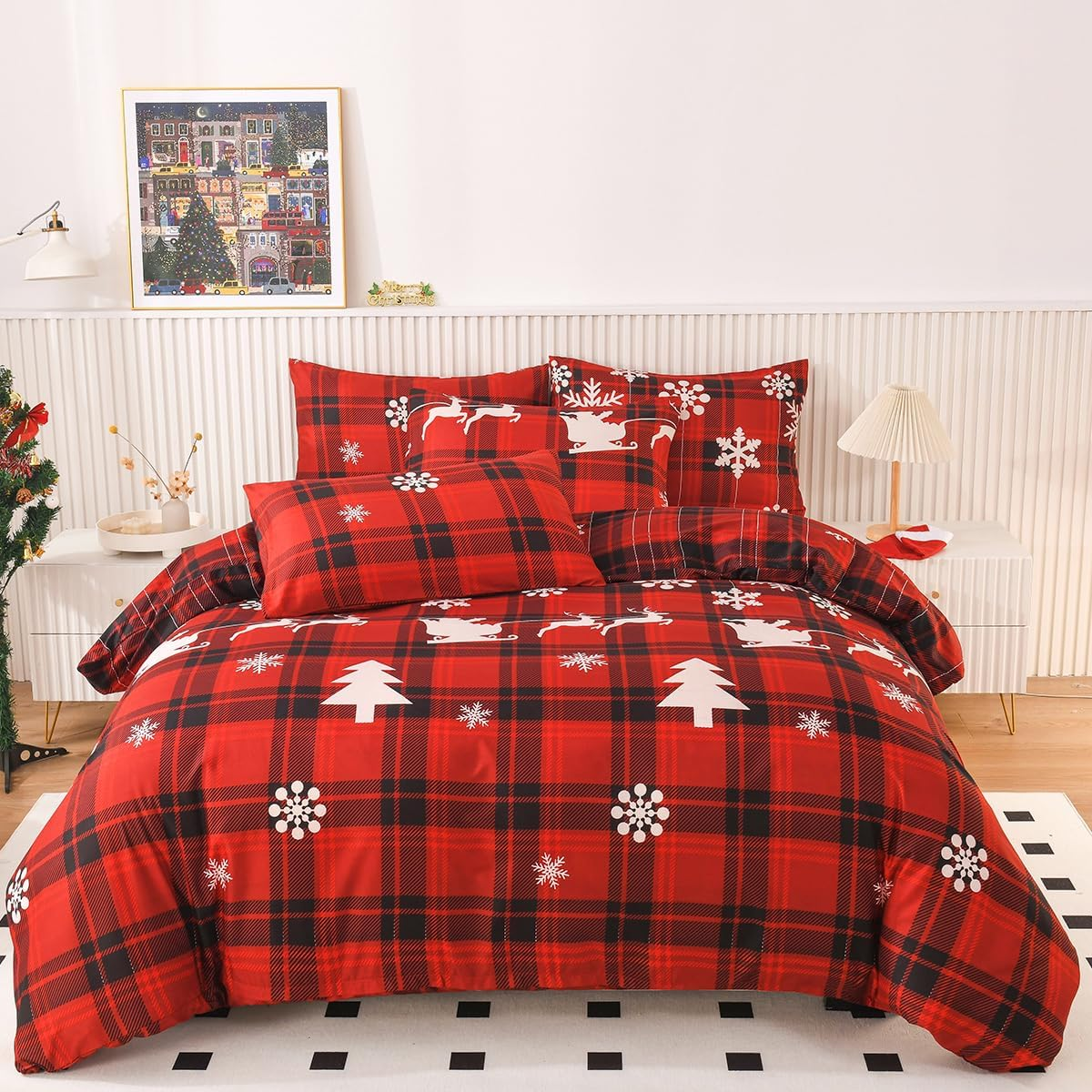 Mengersi Christmas Duvet Cover Set Queen Size,Christmas Tree Snowflake Duvet Cover Check Printed Christmas Plaid Duvet Cover Comforter Cover Set for New Year Holidy Xmas Gifts