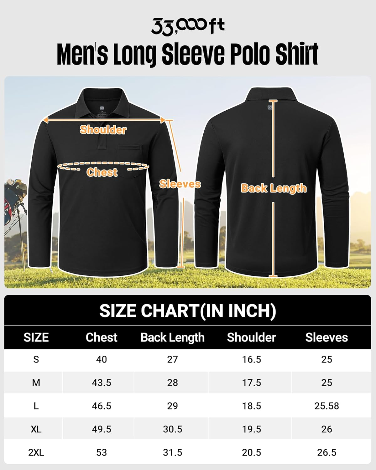 33,000Ft Men'S Long Sleeve Polo Shirt UPF50+ Breathable Golf Polo Moisture Wicking Quick Dry T Shirt Stretch Sports Athletic Tennis Performance Polo Lightweight Casual Work Top Black L image number 1