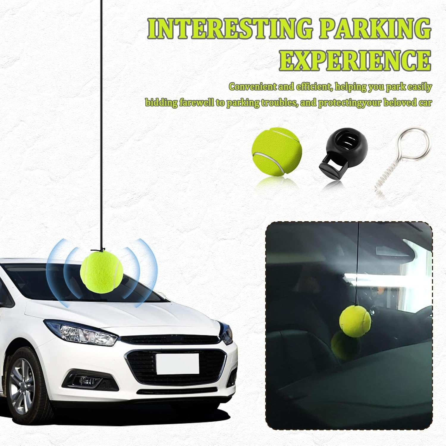 Figpade 2PCS Tennis Ball Garage Parking Aid,Garage Tennis Ball Parking Aid with Adjustable Height Lanyard for Guided Parking,Kit with 2 Tennis Garage Car Stopper,2 Screw Hooks,2 Spring Clips image number 3