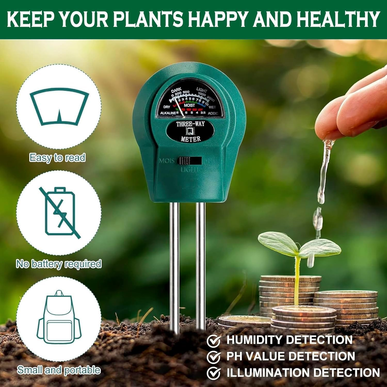 3-In-1 Soil Moisture Meter with Ph & Light Tester &ndash; Instant Soil Moisture, Ph, and Light Readings for Indoor/Outdoor Plants image number 6