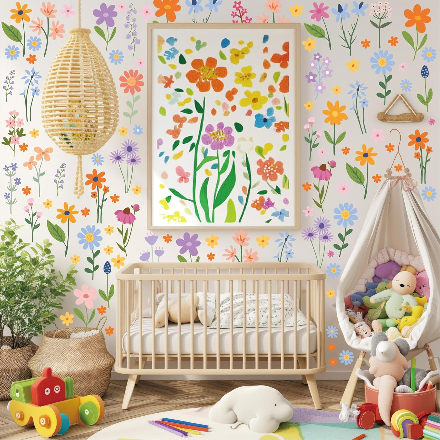 Flower Wall Decals - 8 Sheets 102 Pcs Spring Themed Wildflower Wall Stickers Peel and Stick Fairy Floral Wall Decor for Girls Bedroom Living Room Nursery Home