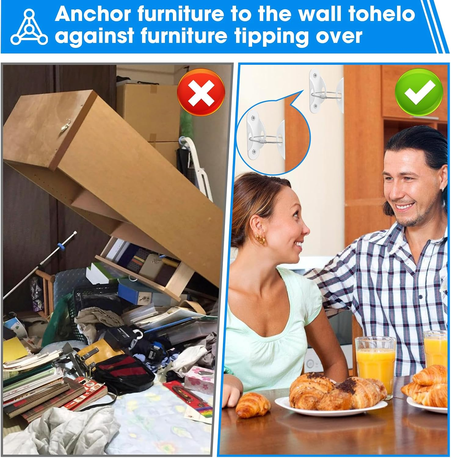 Guirnd 6 Pack Furniture Anchors, anti Tip Furniture Anchors for Baby Proofing, Metal Earthquake Straps Furniture Straps Wall Anchor for Dresser and Bookcase (White) image number 1