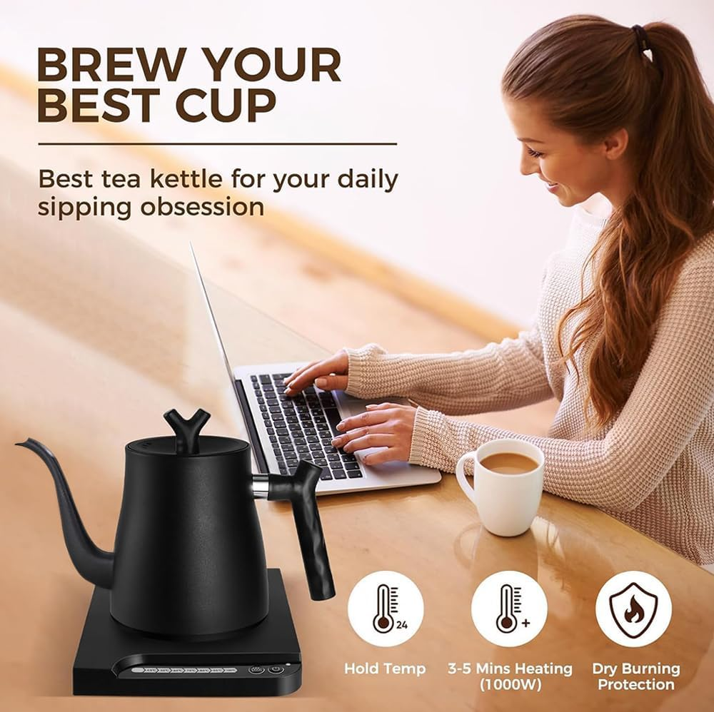 Electric Kettle, 1000Ml Electric Gooseneck Kettle, Smart Electrickettle Hand Brew Coffee Pot with 7 Temperature Control Presets, Stainless Steel Long Mouth Kettle, Auto Shut Off,1000W Quick Heating image number 1