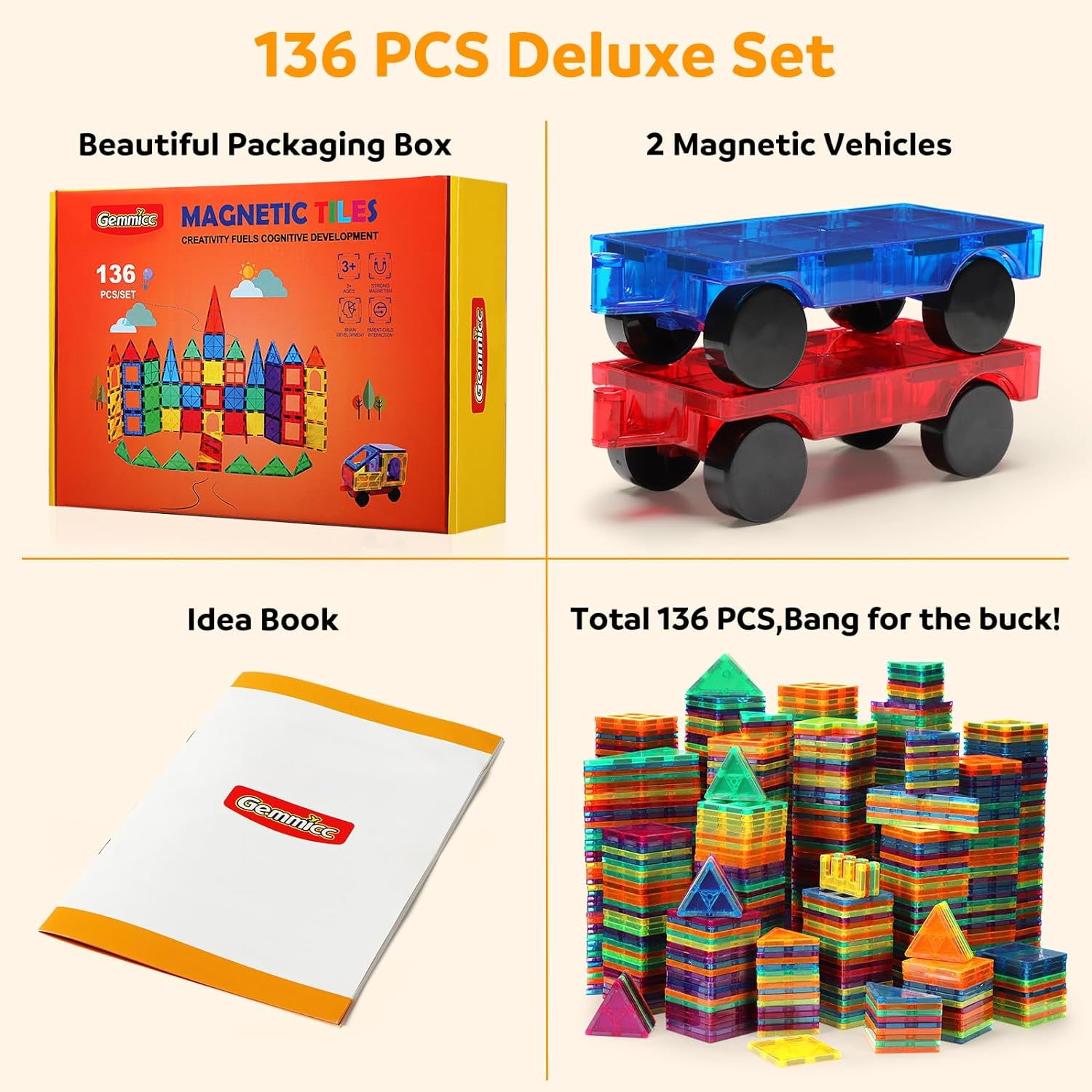 Gemmicc Magnetic Tiles, Deluxe 136 PCS Building Blocks Magnet Toys for Kids,3D Magnet Puzzles Stacking Blocks for Boys Girls,Huge Set with 2 Cars image number 4