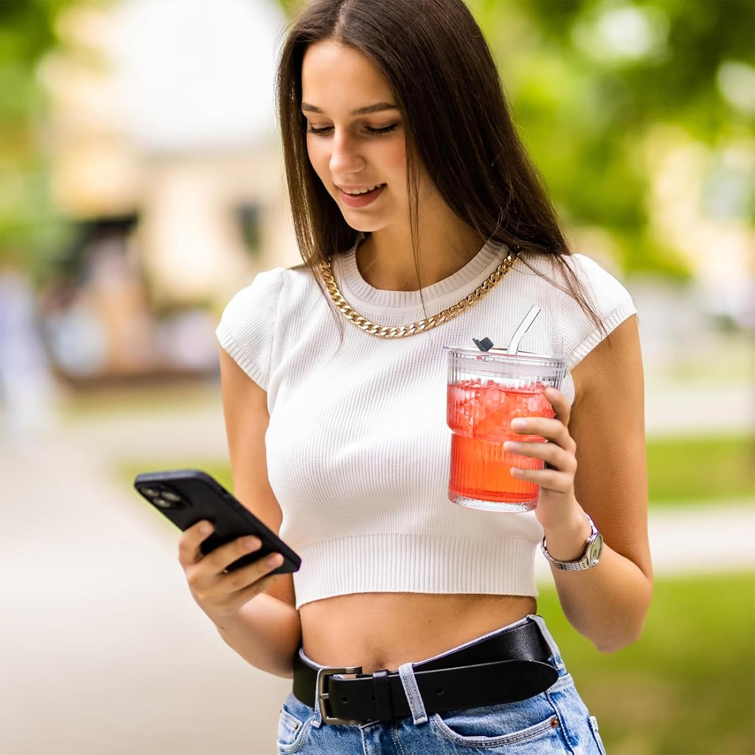 VITEVER 2-Pack 380Ml Glass Cups with Lids and Straws, Iced Coffee Cup with Straw, Airtight Waterproof Design Coffee Travel Mug, Smoothie Cups