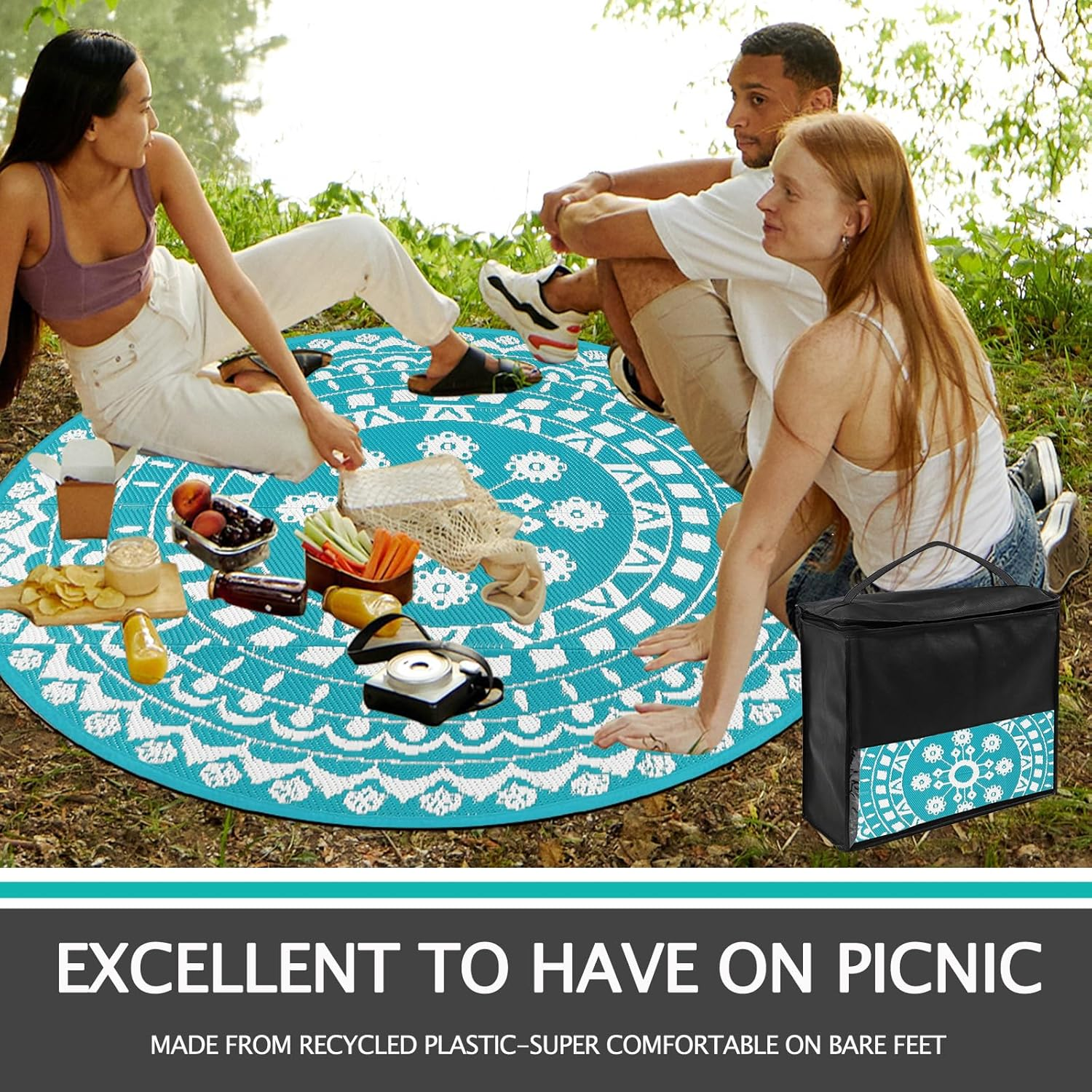 Capslpad round Outdoor Rug for Patio 150Cm Boho Reversible RV Mat Waterproof Outdoor Plastic Straw RV Camping Rug outside Circle Area Rug for Porch Deck Terrace Picnic Beach Apartment Pool Decor,Teal