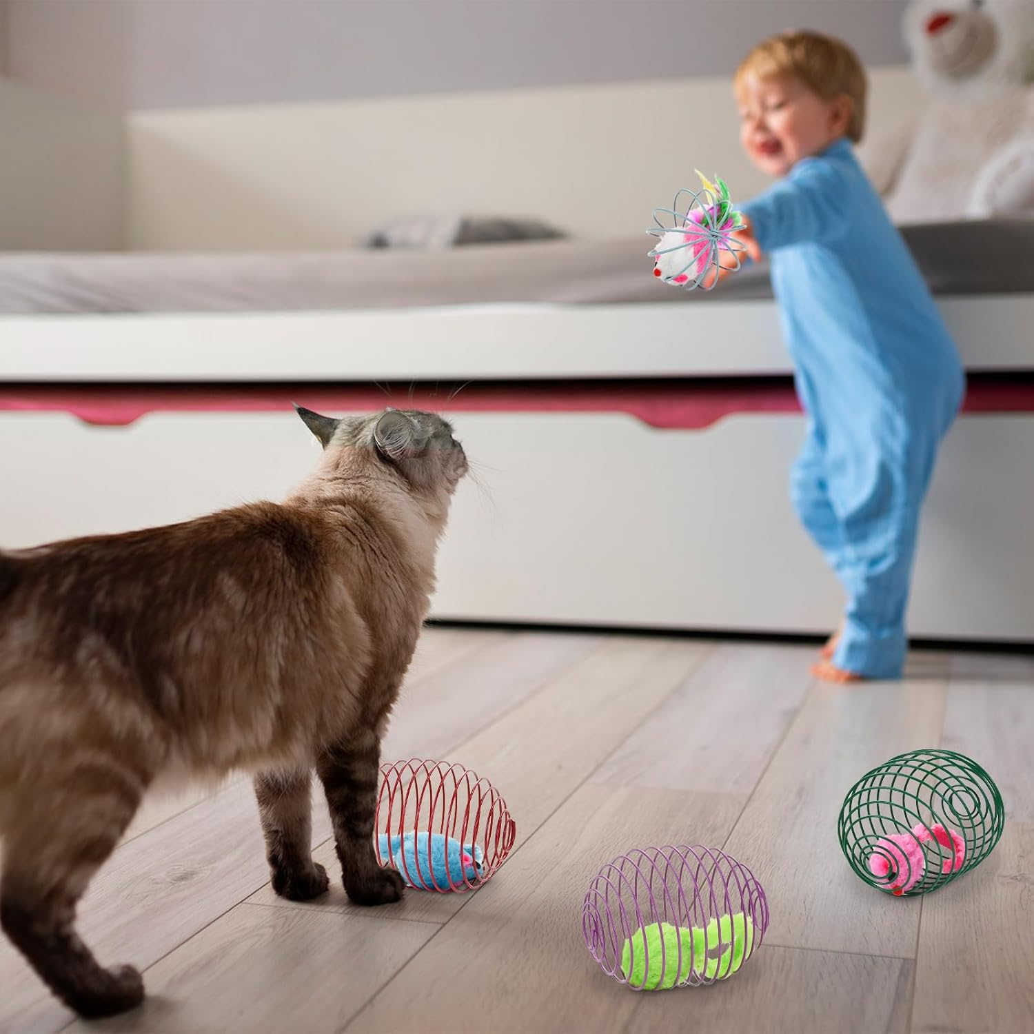 Cooshou Cat Interactive Bouncy Toy Balls Set Metal Cage Balls with Mice Spring Toy Balls for Cats Kittens Colorful Cat Teaser Ball with Mouse for Indoor Cats (10 PCS) image number 1
