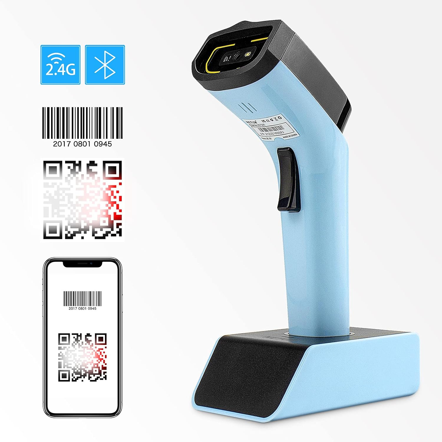 NETUM Bluetooth Wireless 2D Barcode Scanner with Charging Cradle, Hands Free Automatic Sensing Bar Code Reader 1D 2D QR Pdf417 Scan Gun Works with MAC OS, Windows, Ios, Android - DS7500 (Blue) image number 1