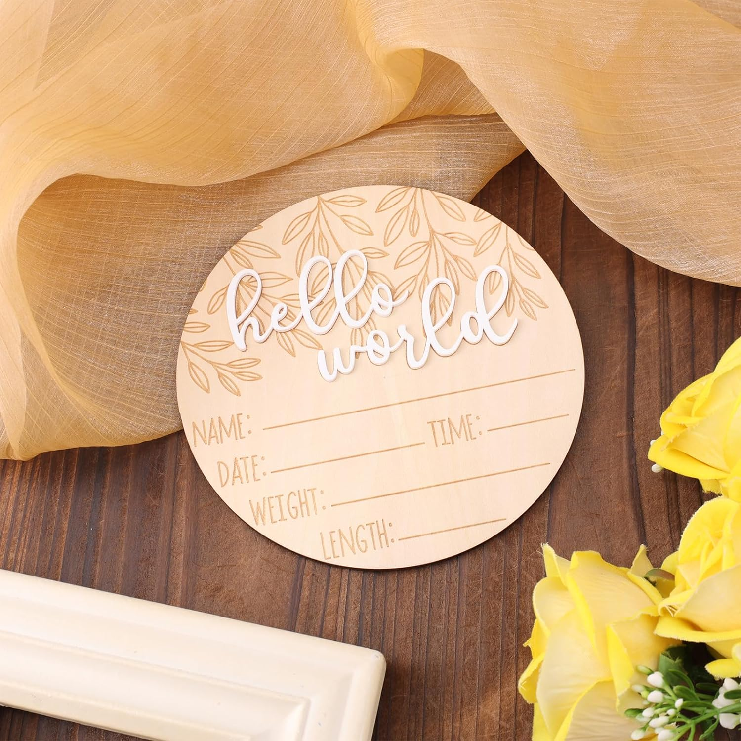 Birth Announcement Sign, Wooden Hello World Newborn Sign Baby Announcement Plaque Newborn Baby Name Board for Photo Props Baby Shower Hospital Nursery image number 1